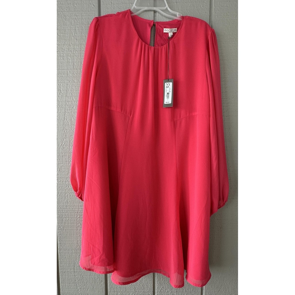 Eva Mendes NY & Co‎ Dress Womens 14 Pink Chiffon Swing Long Sleeve Keyhole